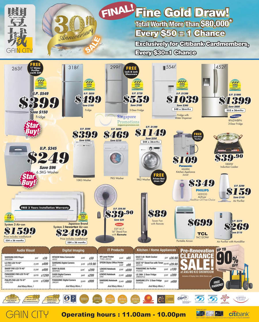 14 May Fridge, Samsung RF62WBPN, Washing Machine, Panasonic MJ68M Juicer, Philips HD9220 Airfryer, Eurospace ES1617, TCL TAC12CPAV