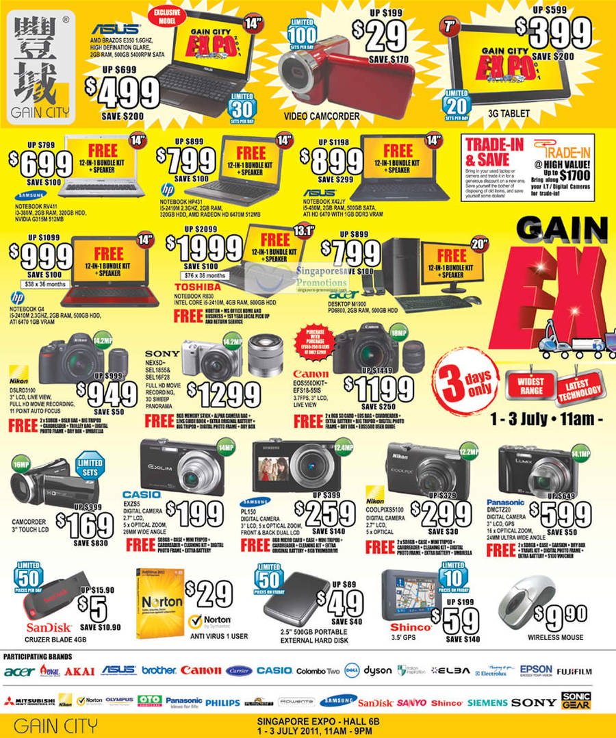 1 Jul Notebooks ASUS AMD Brazos E350, Samsung RV411, HP 431, X42JY, G4, Toshiba R830, Acer Desktop M1900, Nikon DSLR Digital Camera D3100, Sony Nex5D, Canon EOS550D,Casio EXZS5, PL150