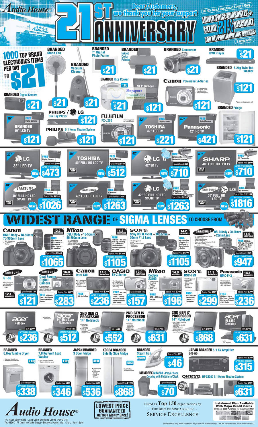 2 Jul Limited Deals 21 Dollars, Digital Cameras, Canon Powershot, TV, Fujifilm, Panasonic,  Sony DSLR A550L, Samsung ST-60, Ixus 130, Nikon Coolpix S3100, DSC-T99, DMC-FH3, Sigma  Lenses, Notebooks