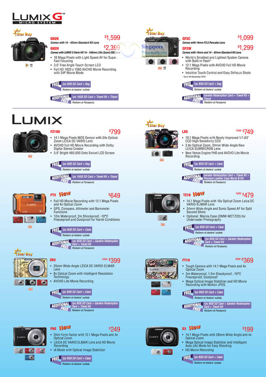 Digital Cameras Lumix G Micro System DMC GH2K, GH2H, GF2C, GF2W, FZ100, LX5, FT3, TZ18, ZR3, FT10, FH2, S3