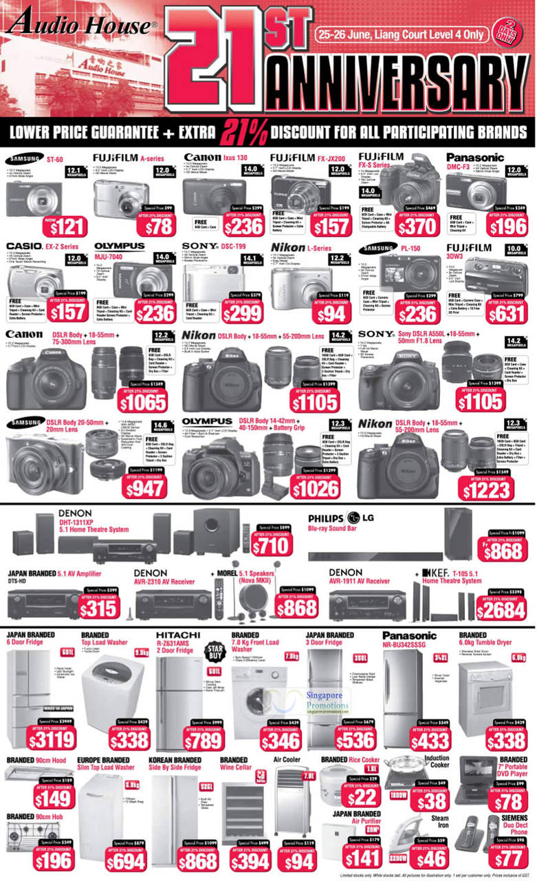 Digital Cameras Samsung ST-60, Canon Ixus 130, Fujifilm FX-JX200, FX-S, Panasonic DMC-F3, Casio EX-Z, Olympus MJU-7040, Sony DSC-T99, PL-150, 3DW3, Son A550L, Denon DHT-1311XP, Fridge