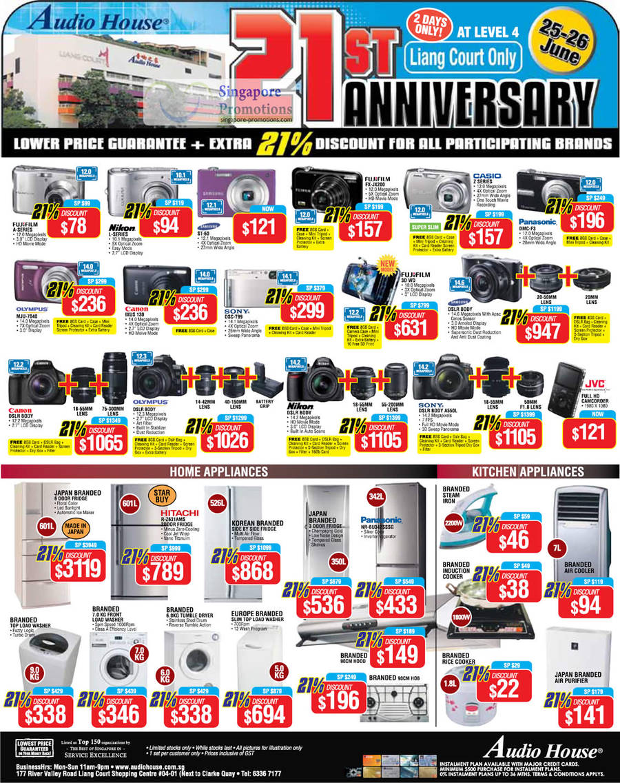 Digital Cameras, Samsung ST-60, Fujifilm FX-JX200, Panasonic DMC-F3, Olympus MJU-7040, Sony DSLR A550L, DSC-T99, Canon Ixus 130, Fridge Hitachi R-Z631AMS, Washing Machine, Panasonic NR-BU342SSSG