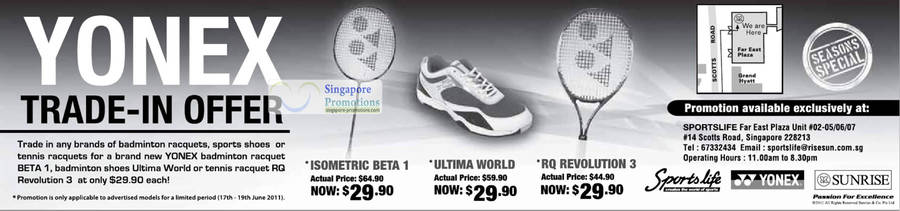 Yonex Trade-In Offer, Badminton Racquet Beta 1, Shoes Ultima World, Tennis RQ Revolution 3