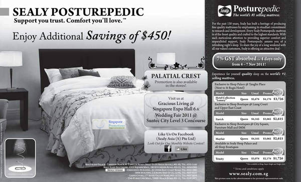 Featured image for (EXPIRED) Sealy Posturepedic 7% GST Absorbed Promotion 4 – 7 Nov 2011