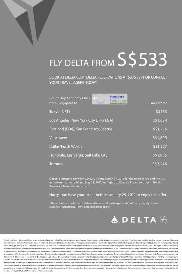 Featured image for (EXPIRED) Delta Air Lines Promotion Price List 10 – 25 Jan 2012