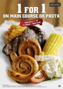 Featured image for (EXPIRED) Breeks Singapore 1 For 1 Main Course / Pasta Coupon Promotion 1 – 29 Feb 2012