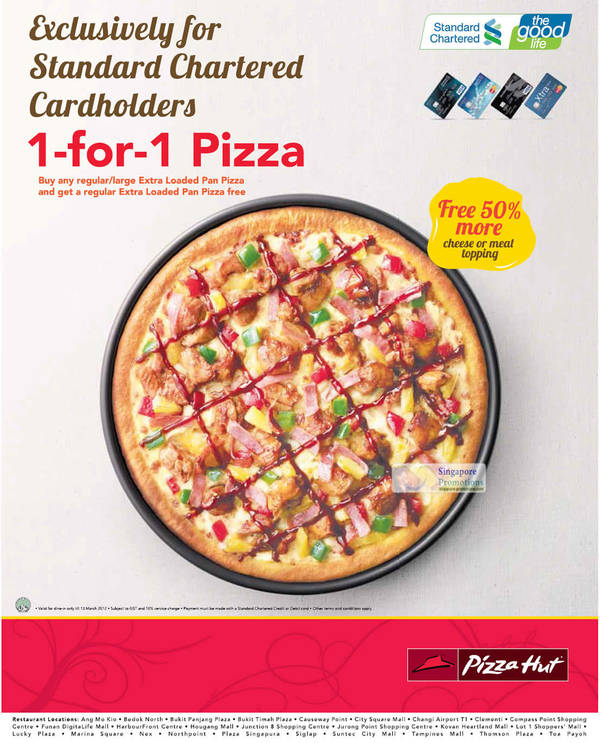 Featured image for (EXPIRED) Pizza Hut 1 For 1 Promotion For Standard Chartered Cardholders 22 Feb – 13 Mar 2012