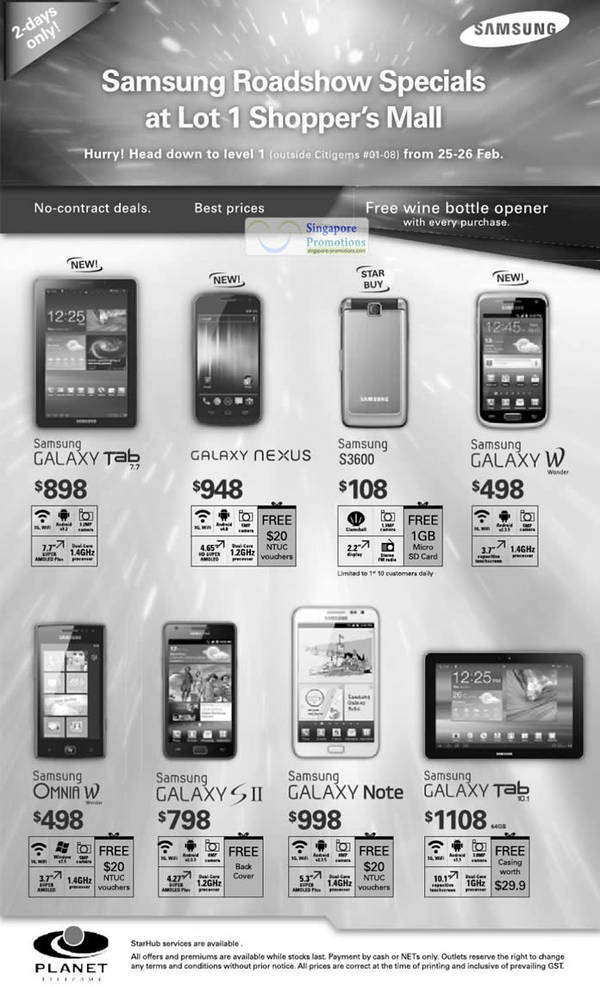 Featured image for (EXPIRED) Planet Telecoms Samsung Smartphones No-Contract Price List @ Lot 1 25 – 26 Feb 2012