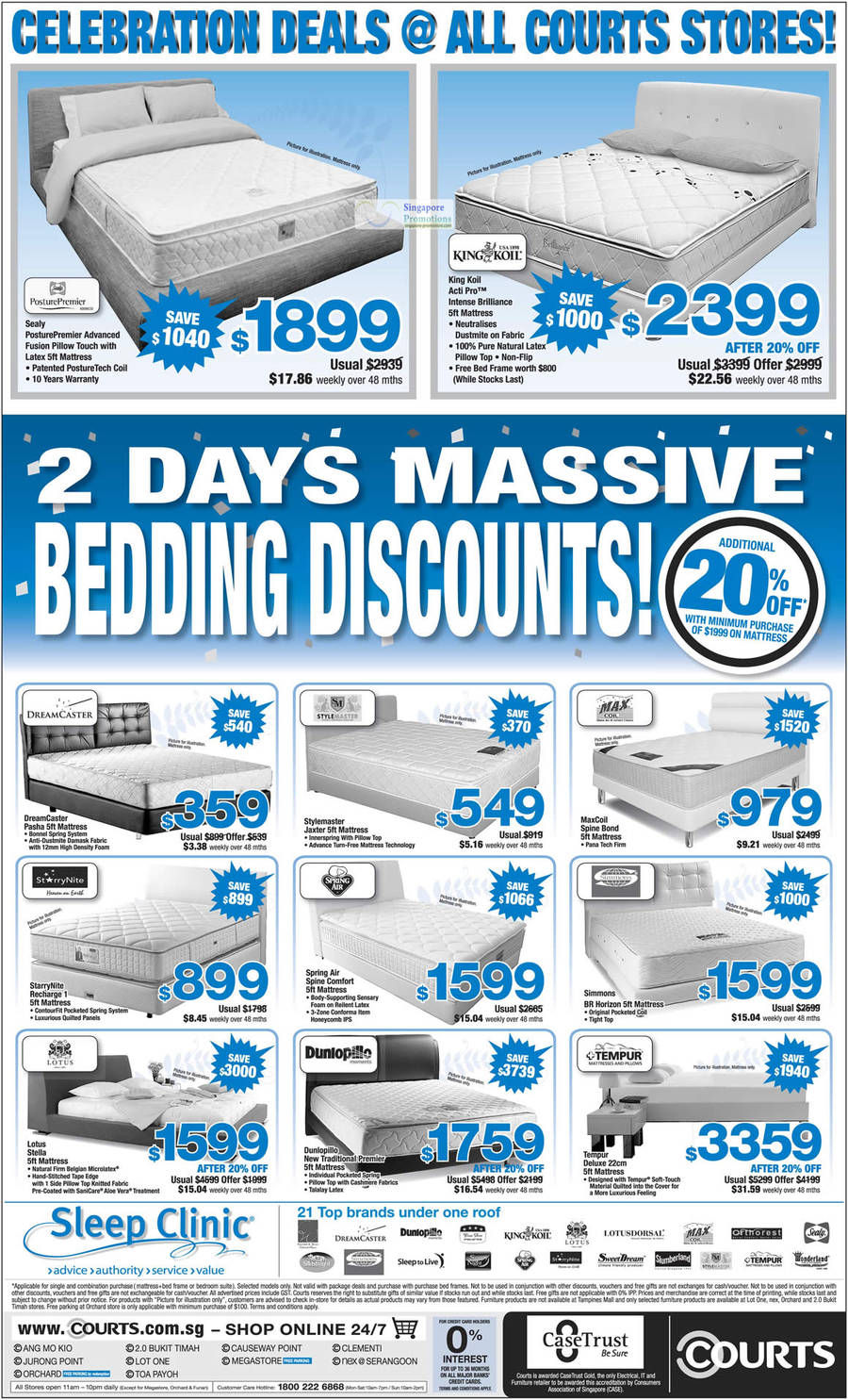 Mattresses, Sealy PosturePremier, King Koil, Simmons, Max Coil, Dream Caster, Dunlopillo, Tempur