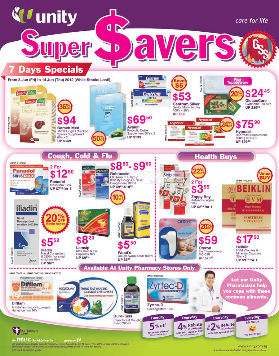 8 Jun 7 Days Specials, Cough, Cold, Flu, Health Buys, Omron Thermometer, Hypocol, Avalon, Centrum Silver