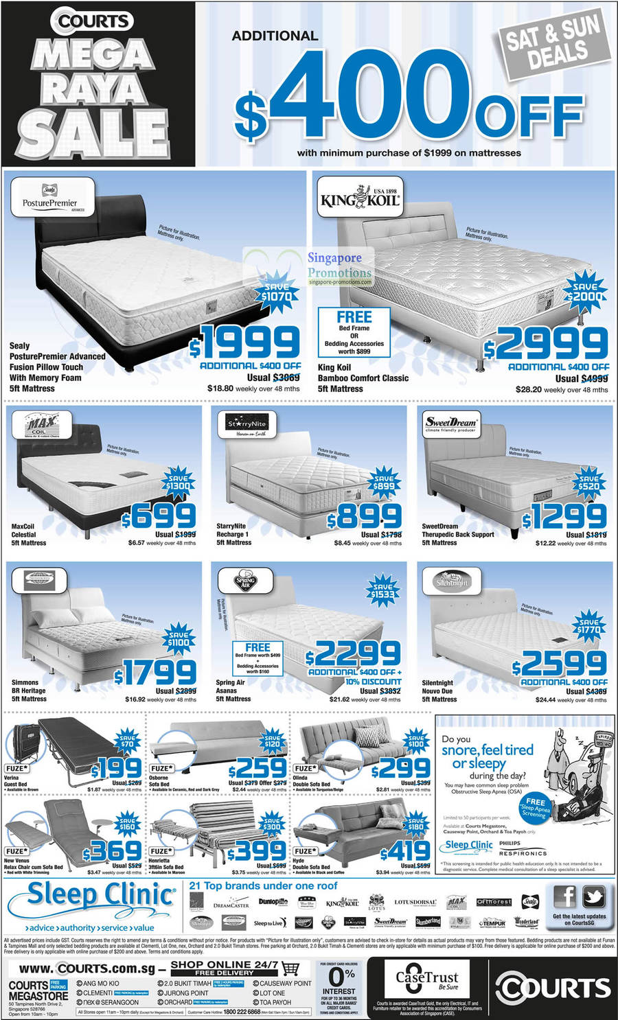 Mattresses, Sofa Beds, Sealy PosturePremier, KingKoil, Silentnight, SweetDream, MaxCoil, Simmons, Fuze