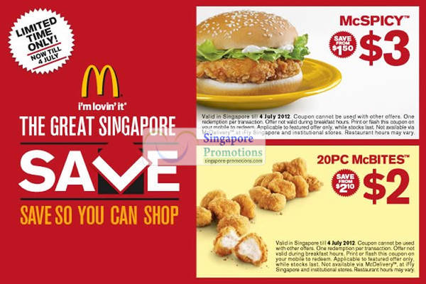 Featured image for (EXPIRED) McDonald’s Singapore $3 McSpicy / $2 20pc McBites Coupon 28 Jun – 4 Jul 2012