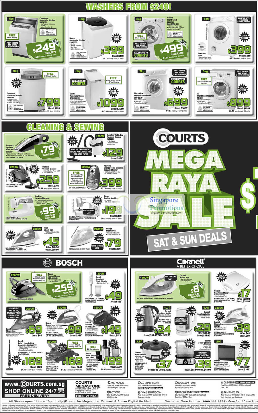 Washers, Steam Irons, Vacuum Cleaners, Bosch, Cornell, Philips, Tefal, Brother, Singer, Rowenta, Candy, Electrolux, LG, Sharp