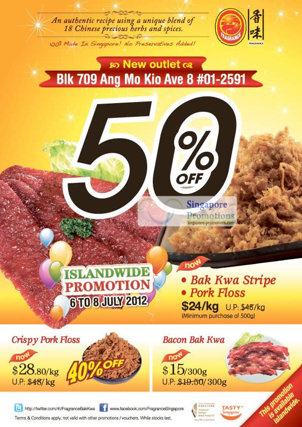 Featured image for (EXPIRED) Fragrance Foodstuff Bak Kwa Stripes, Pork Floss, Crispy Pork Floss & Bacon Bak Kwa Promotion 6 – 8 Jul 2012
