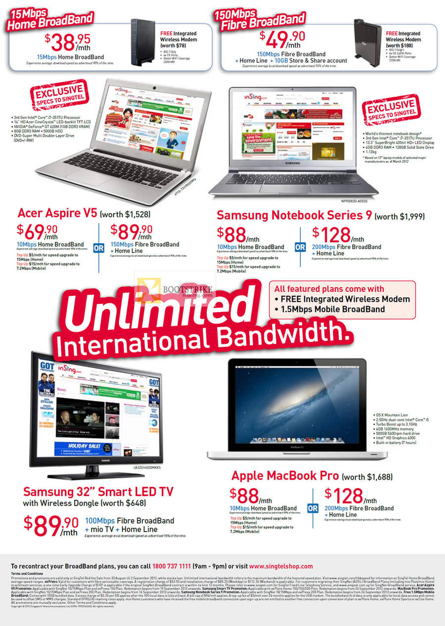 Broadband ADSL 15Mbps Free Acer Aspire V5, Samsung Notebook Series 9, Samsung 32 Smart LED TV, Apple MacBook Pro, Mio TV