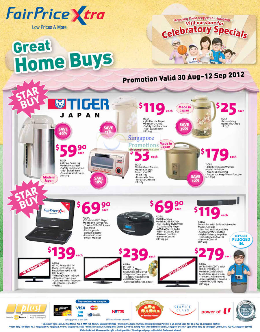 Tiger Air Pump Jug, Oven Toaster, Airpot, Handy Jug, Akira DVD Player, LED TV, LCD TV, Sound Bar