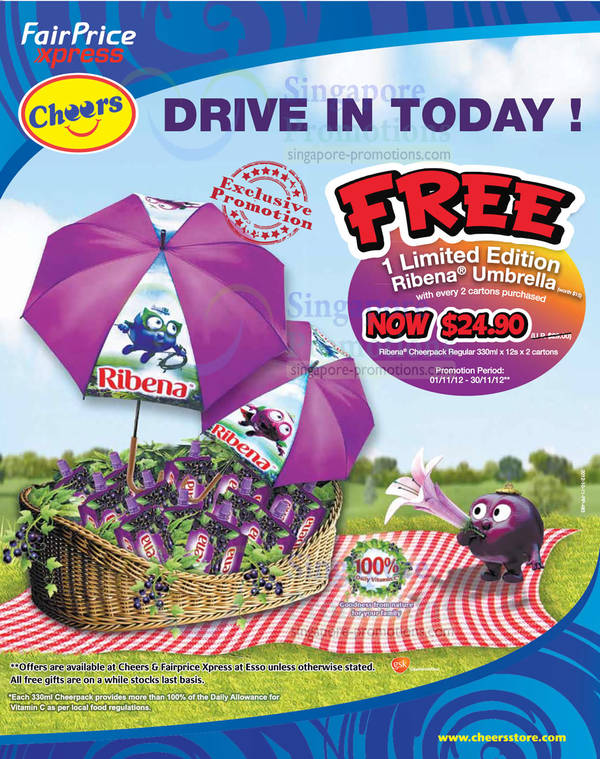 Featured image for (EXPIRED) Cheers & Fairprice Xpress FREE Ribena Umbrella With 2 Carton Purchase 7 – 30 Nov 2012