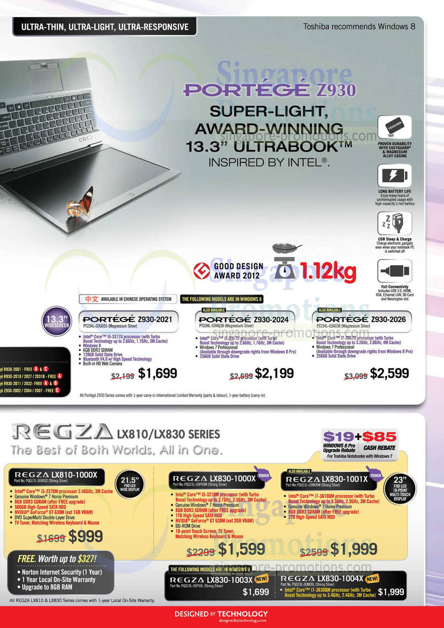 Portege Z930-2021 Ultrabook Notebook, Z930-2024, Z930-2026, Regza LX810-1000X, LX830-1000X, LX830-1001X