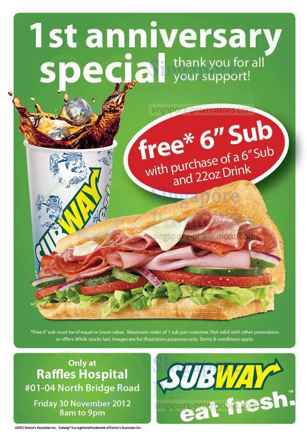 Featured image for (EXPIRED) Subway 1 For 1 Promotion @ Raffles Hospital 30 Nov 2012