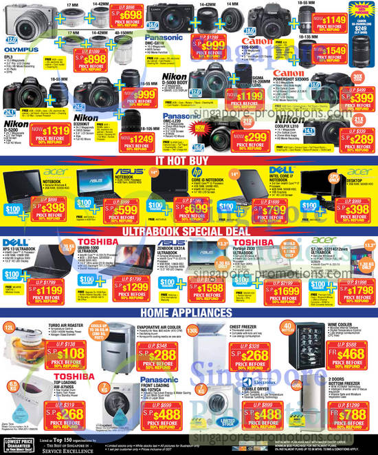 Digital Cameras, Notebooks, Washers, Fridges, Olympus, Nikon, Canon, Panasonic, Acer, Asus, HP, Toshiba, Electrolux