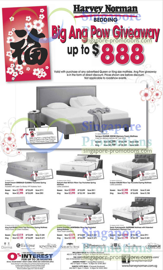 Mattresses Tempur Cloud, Sweet Dream, Natures Rest Betula, Eclipse Chloe, King Koil Plush, Dorma Classic Hortensia, Sealy Posturepedic Sapphire