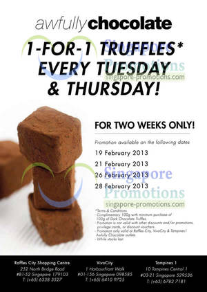 Featured image for (EXPIRED) Awfully Chocolate 1 For 1 Truffles Promo @ Selected Outlets 18 – 28 Feb 2013