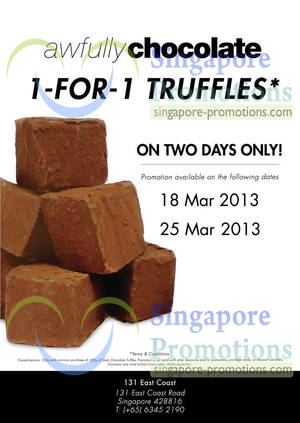 Featured image for (EXPIRED) Awfully Chocolate 1 For 1 Truffles Promo @ Selected Outlets 18 – 28 Mar 2013