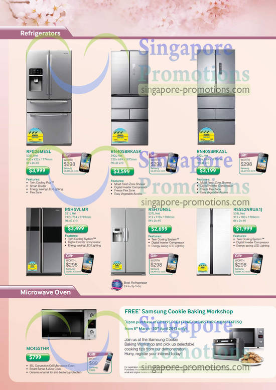 Fridges RFG26MESL, RN405BRKA5K, RN405BRKASL, RSH5VLMR, RSH7UNSL, RS552NRUA1J, MC455THR Microwave Oven