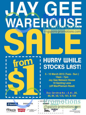 Featured image for (EXPIRED) Jay Gee Warehouse Sale From $1 @ Jay Gee Melwani House 5 – 10 Mar 2013