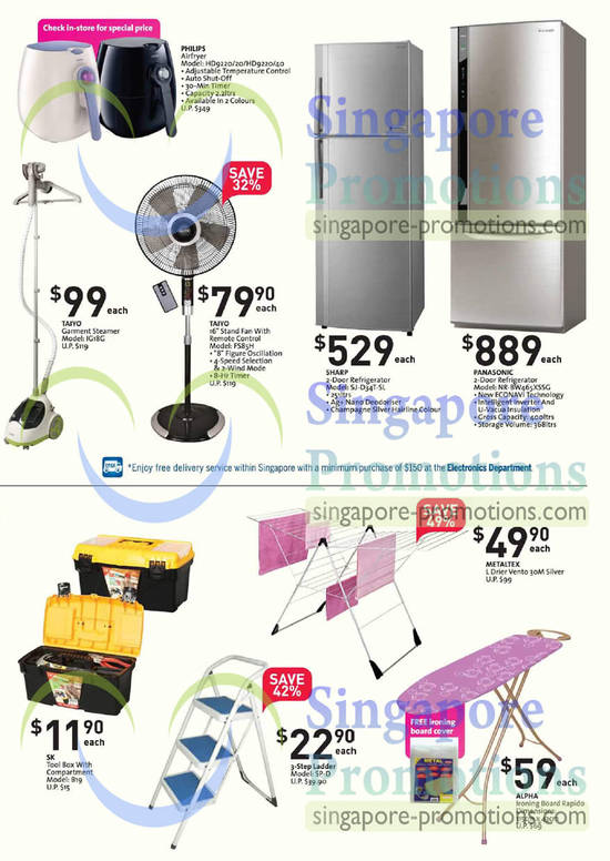 Electronics Garment Steamer, Fan, Fridge, Taiyo, Sharp Panasonic, Taiyo IG18G Garment Steamer, Taiyo FS85H Stand Fan, Sharp SJ-D34T-SL Fridge