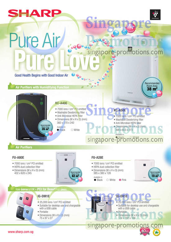 Sharp Air Purifiers KC-A40E, KC-A50E, FU-A80E, FU-A28E, Ion Generators IG-DM1E, IG-DK1E