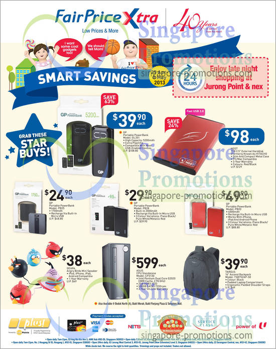 Smart Savings GP Portable Power Bank, Angry Birds Speaker, Targus Backpack, HGST External HDD