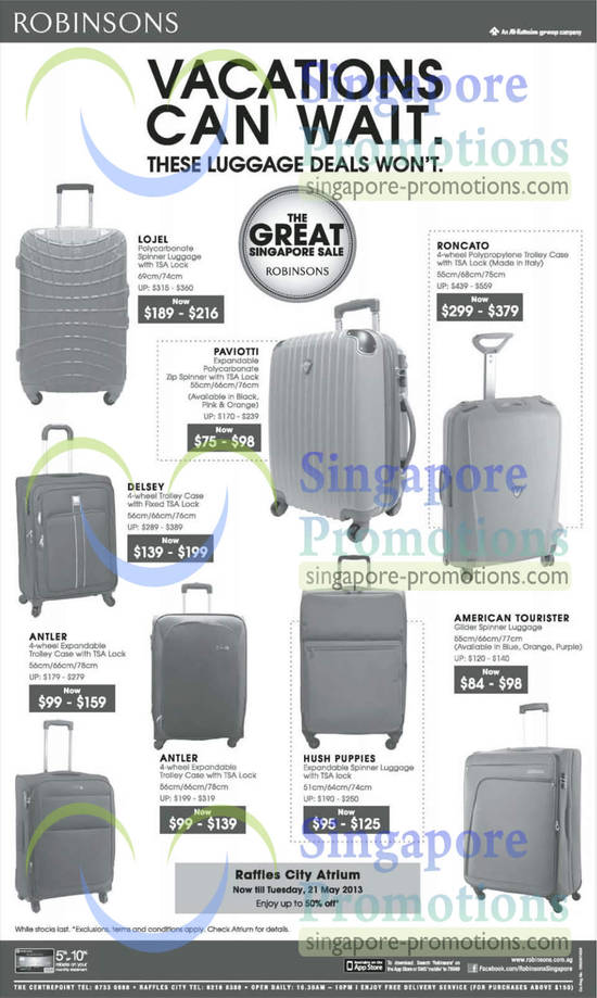 18 May Luggage Deals, Lojel, Paviotti, Roncato, Delsey, Antler, Hush Puppies, American Tourister ...