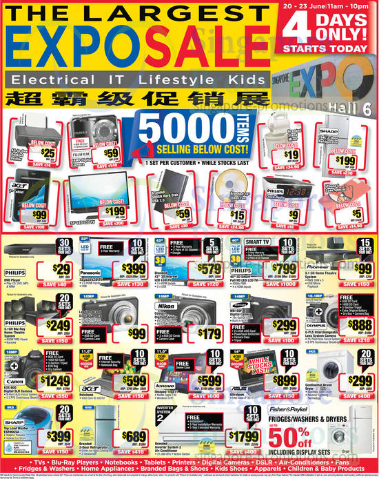 20 Jun 5000 items selling below cost, TVs, Digital Cameras, Washers, Fridge, Home Theatre System, Panasonic, Philips, Asus, Lenovo, Acer, Canon, Sharp