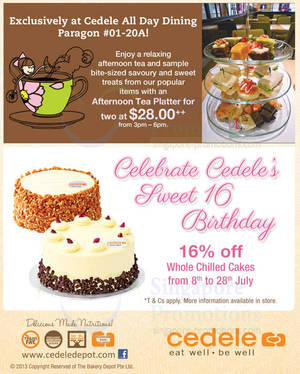 Featured image for (EXPIRED) Cedele 16% Off All Chilled Whole Cakes 16th Anniversary Promo 8 – 28 Jul 2013