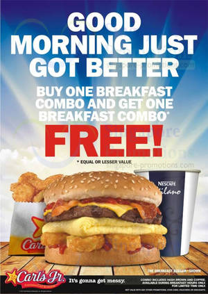 Featured image for (EXPIRED) Carl’s Jr 1 for 1 Breakfast Coupon Offer @ Changi Airport 19 Aug – 30 Sep 2013