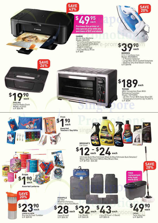 Electronics, Canon MG2270 AIO Printer, Morries MS2588CS Iron, Toyomi T07748RC Oven, Philips AJ3122 Radio Clock