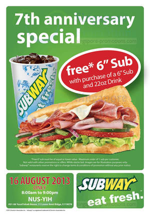 Featured image for (EXPIRED) Subway 1 For 1 Sub Promotion @ NUS 16 Aug 2013