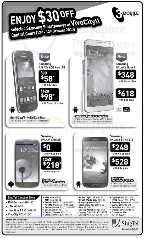3Mobile VivoCity Roadshow, Samsung Galaxy Ace 3, Note 3, S III LTE, S4