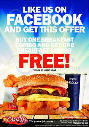 Featured image for (EXPIRED) Carl’s Jr 1 for 1 Breakfast Coupon Offer @ Changi Airport 3 – 31 Oct 2013