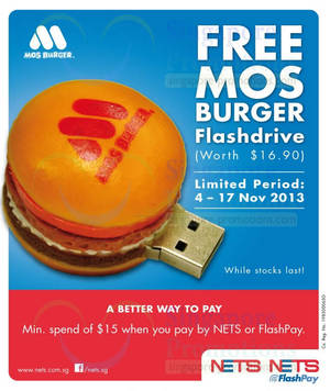 Featured image for (EXPIRED) MOS Burger FREE Flashdrive With $15 NETS Spend 4 – 17 Nov 2013