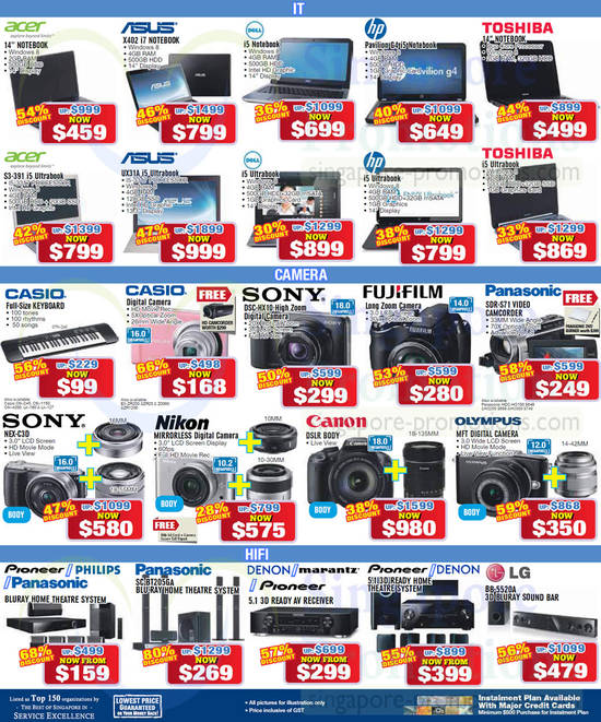 Notebooks, Digital Camera, Camcorder, Home Theatre System, Sound Bar, HP, Asus, Acer, Sony, Panasonic, LG