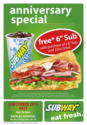 Featured image for (EXPIRED) Subway Buy 1 Get 1 FREE (BOGO) Sub Promotion @ Raffles Hospital 6 Dec 2013