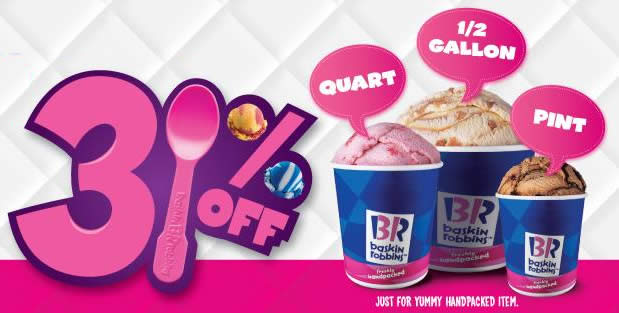 Featured image for Baskin-Robbins S'pore offering 31% off handpacked ice cream at all outlets on 31 May 2024