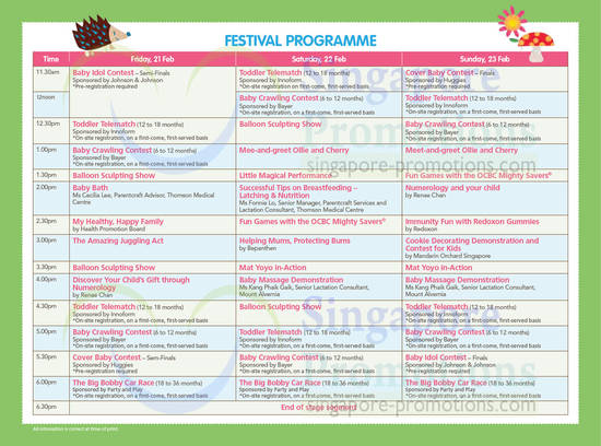 Festival Programme Table, Schedule