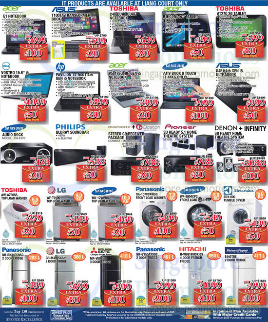 Notebooks, Home Theatre Systems, Washers, Fridges, Acer, Asus, Toshiba, Dell, HP, Samsung, Panasonic, Electrolux, Hitachi, Fisher n Paykel