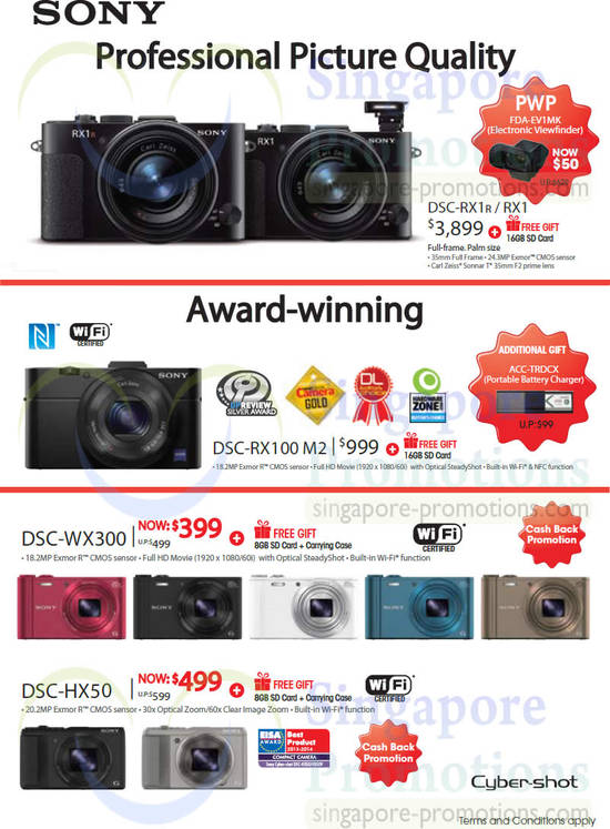 Digital Cameras Cybershot DSC-RX1R, DSC-RX1, DSC-RX100 M2, DSC-WX300, DSC-HX50