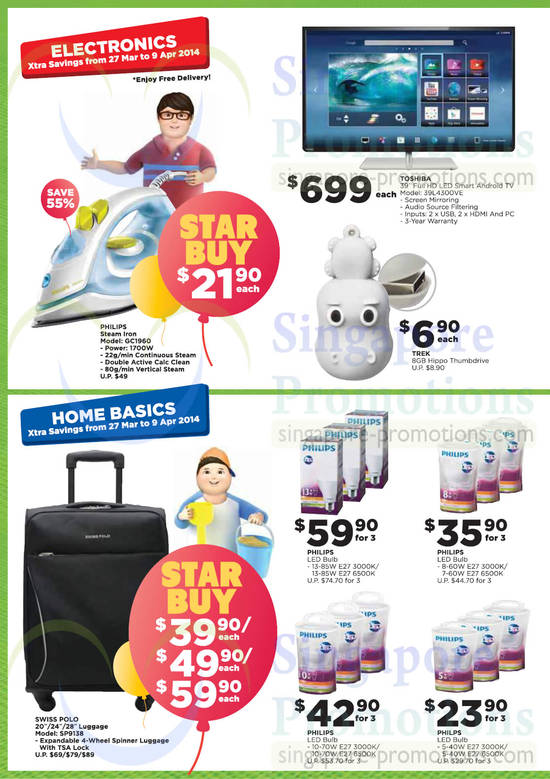 Electronics, Home Basics, Toshiba TV, Philips LED Bulbs, Swiss Polo Luggage