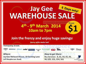 Featured image for (EXPIRED) Jay Gee Warehouse SALE @ Jay Gee Melwani House 4 – 9 Mar 2014