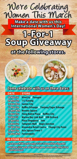 Featured image for (EXPIRED) The Soup Spoon 1 For 1 Soup BOGO Promo @ All Outlets 8 – 16 Mar 2014